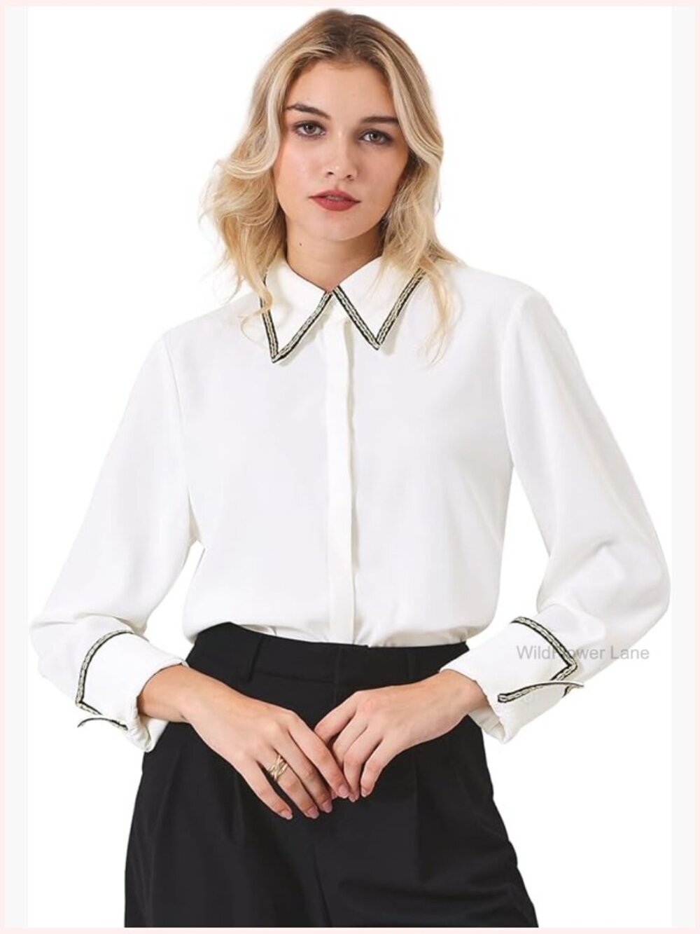 Button Down Shirt Long Sleeve Point Collar Tweed Trim Work Blouse